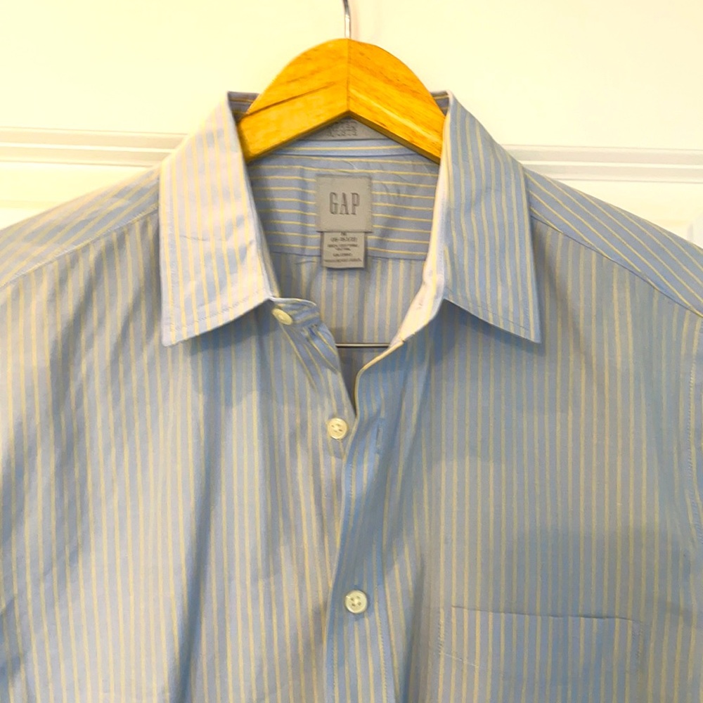 -Gap men’s shirt. Pale blue with a yellow stripe. Size medium, neck…